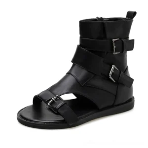 Single black gothic gladiator sandal side profile, displaying adjustable buckles and flat rubber sole from left view