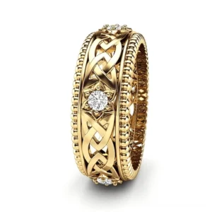Gold-tone Celtic knot zircon flower ring with detailed braided Celtic pattern and radiant flower-shaped center stone, gothic statement jewelry for men and women
