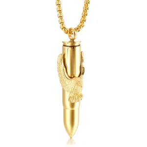 Gold tone eagle bullet pendant stainless steel necklace, premium gothic jewelry front view