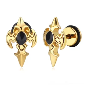 Gold tone gothic cross stud earrings with black zirconia gemstone - flat front view alternative metal finish