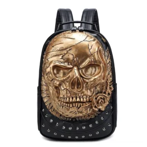 Twilight gold metallic skull backpack with embossed rose and studded accents - alternative fashion accessory
