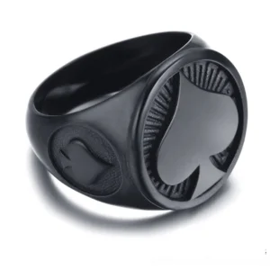 Gold gothic spade signet ring for men, polished stainless steel with radial spade pattern, 18mm width