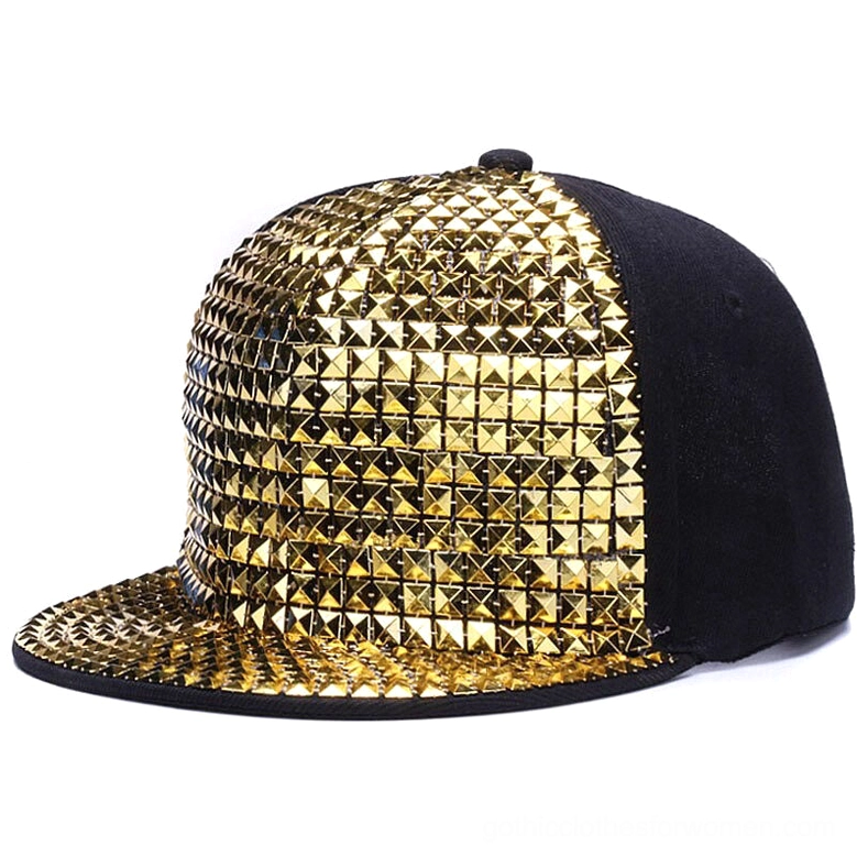 Gold pyramid stud snapback cap front view with golden yellow metallic studs and adjustable closure