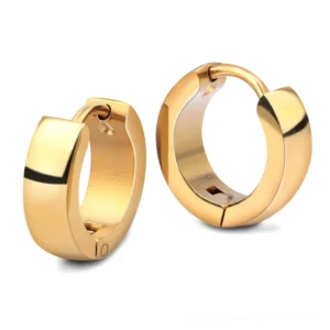 Gold tone stainless steel round stud earrings with polished finish, gothic dark fashion jewelry on white background
