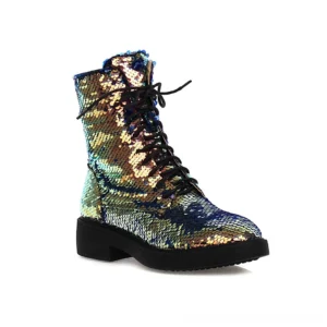 Gold sequin ankle combat boots with black laces and platform sole, alternative gothic footwear