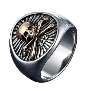 Gold and silver two-tone skull pirate ring with crossbones accent and 322 engraving, side view detail shot