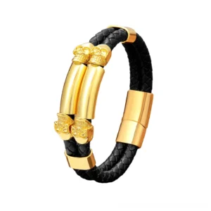 Gold Tone Gothic Skull Bracelet with Black Leather Braiding - Polished Stainless Steel Magnetic Clasp