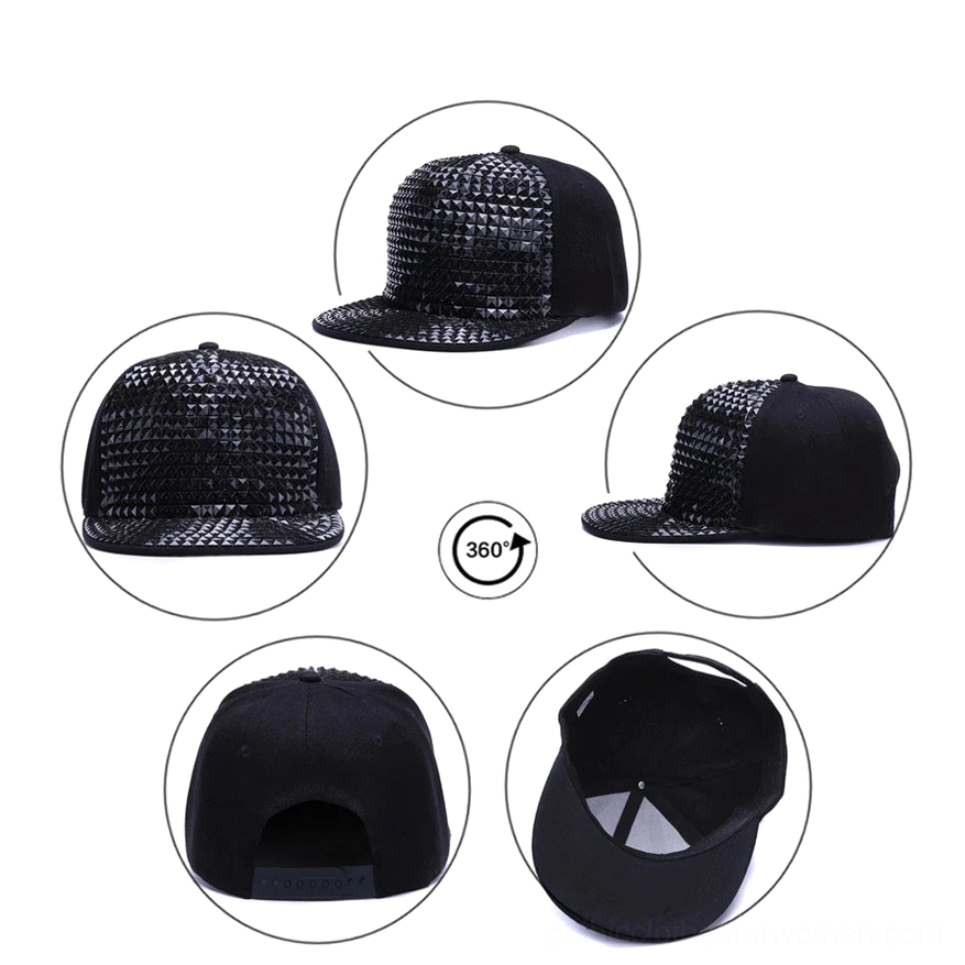 Gold pyramid stud snapback cap side view showing golden metallic stud arrangement