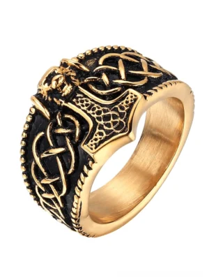 Gold-tone stainless steel Thor's hammer Celtic gothic ring for men featuring intricate engraved Mjolnir and Celtic patterns