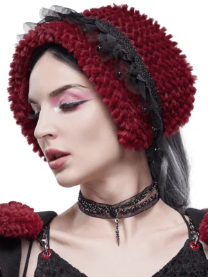 Wine red faux fur gothic choker collar with black lace trim and beaded accents, worn close-up side profile on goth model