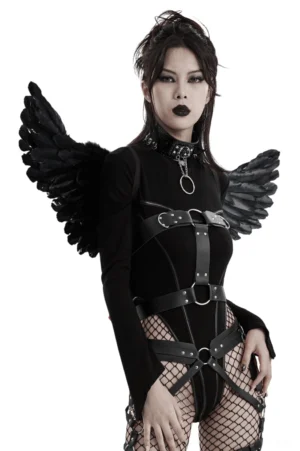 Black feather costume wings front three-quarter view goth model wearing fishnet tights gothic aesthetic