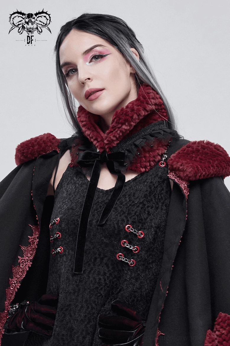 Goth fashion styling with matching wine red fur collar and black velvet bow accessory on studio model