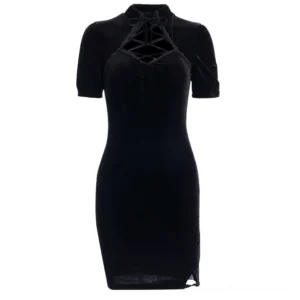 Black velvet gothic mini dress displayed on mannequin, full front view featuring mandarin stand collar and adjustable lace-up hollow chest design