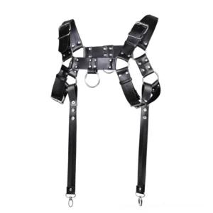 PU leather metal rivet chest bondage harness with adjustable straps and silver metal rings, front view on white background
