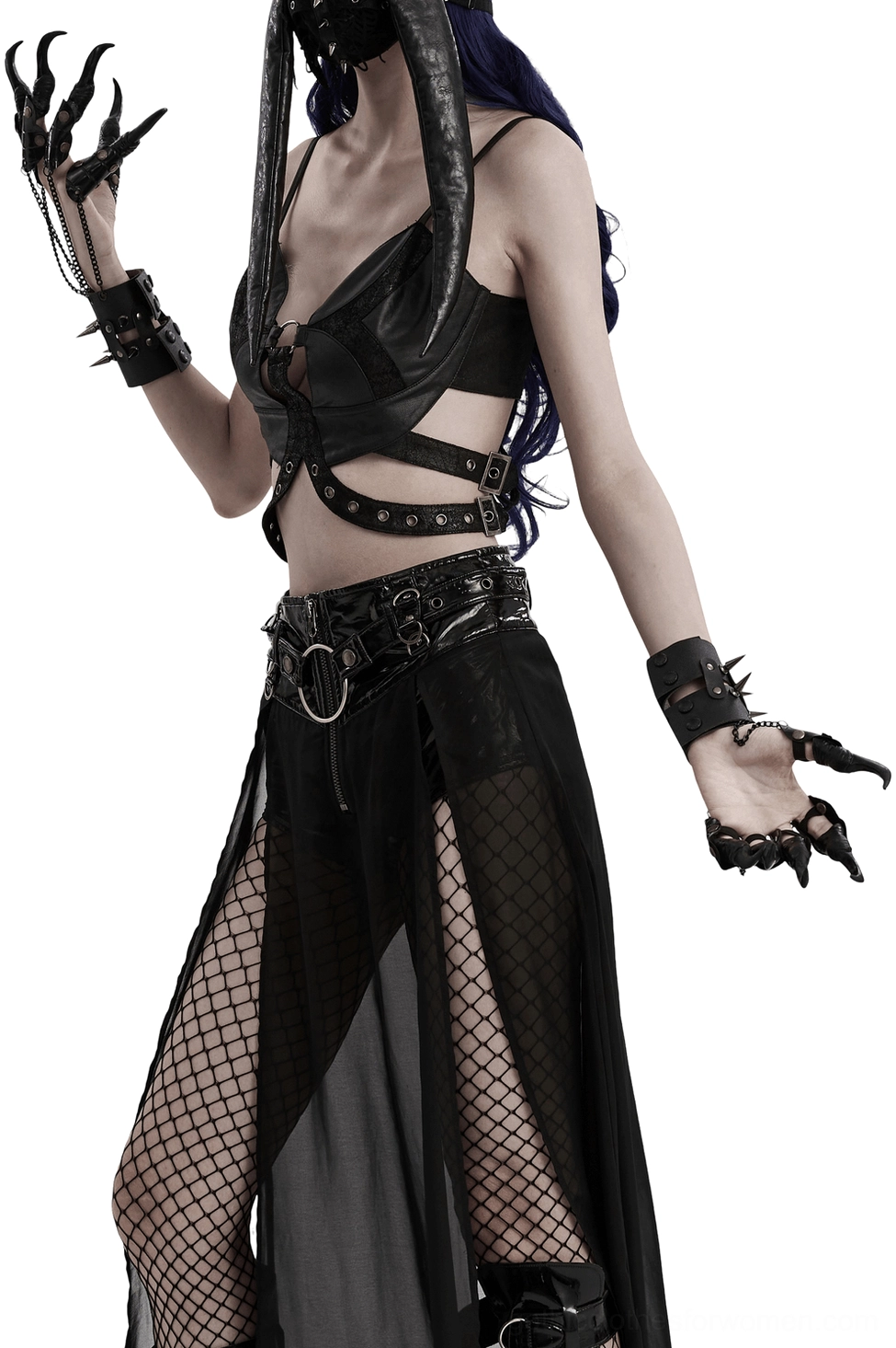 Female model wearing black spiked claw gloves with chains, styled with fishnet tights and gothic outfit