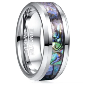 Gothic abalone inlay stainless steel ring top view showing polished silver band with iridescent blue-green shell inlay