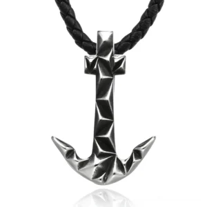 Silver stainless steel anchor-shaped pendant with textured black braided leather cord, front flat view, gothic necklace for unisex wear
