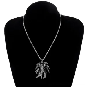 Gothic angel pendant necklace on black mannequin - dark antique silver finish displayed on jewelry display form