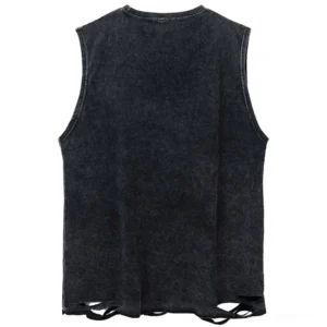 Back view of black gothic tank top showing crew neckline and distressed bottom edge with washed cotton fabric