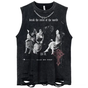Black gothic angel ripped tank top with metal chain collar detail - front view showing distressed hem and graphic print