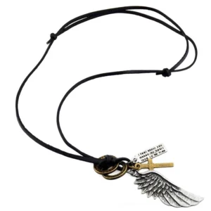 Black leather adjustable gothic angel wing choker necklace with silver-toned multi-pendant charms including cross and text symbols, flat lay top-down view