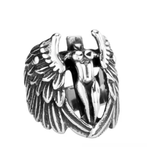 Gothic angel wings vintage ring in polished silver finish with hollow center and carved feather detail