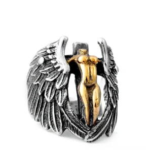 Gothic angel wings stainless steel ring in two-tone gold and silver finish with detailed feather carving