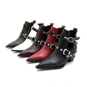 Collection of women's gothic studded buckle ankle boots in multiple dark colors displayed flat lay overhead view