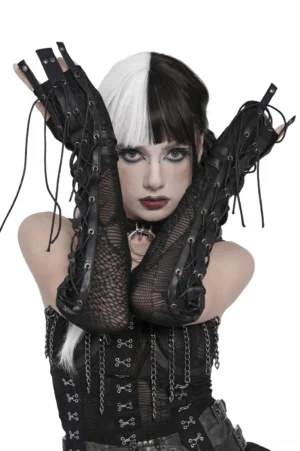 Gothic lace-up arm warmers close-up detail showing faux leather panels, metal eyelets, and feathered tassel lacing
