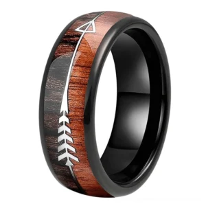 Black gothic arrow wood grain stainless steel ring side view with silver arrow detail and organic wood inlay pattern