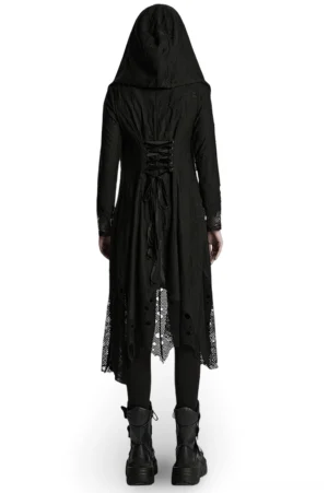 Gothic mesh and knit cape back view displaying lace-up closure and irregular hem design