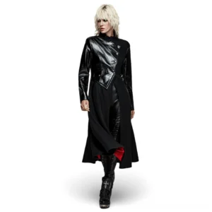 Black asymmetric faux leather wool blend gothic coat front view on blonde model with corset lace-up back detail