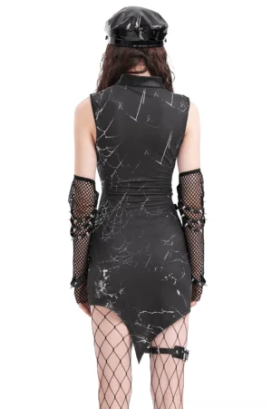 Black and white gothic asymmetrical dress with buckles - back view on model, crackle pattern design, fishnet stockings, asymmetric hemline detail