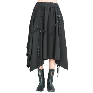 Black gothic midi skirt featuring grommet strap details and buckle accents, front view on model with boots
