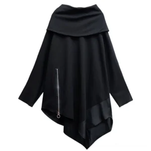 Black asymmetrical gothic sweatshirt with cowl neckline and side metal zipper ring pull, flat lay front product shot