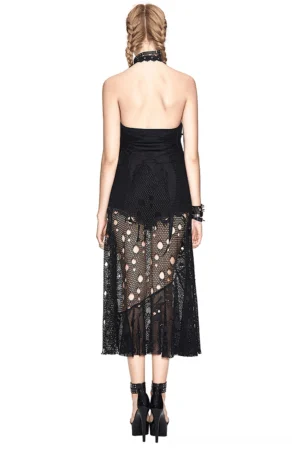 Black gothic backless maxi dress with skull print fishnet skirt, full back view showing halter design