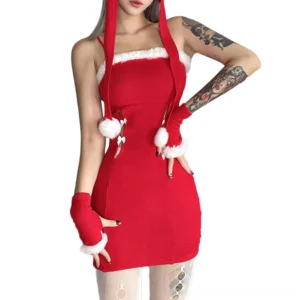 Gothic backless mini dress with red ribbed knit and white fuzzy trim, shown on tattooed female model in front full view