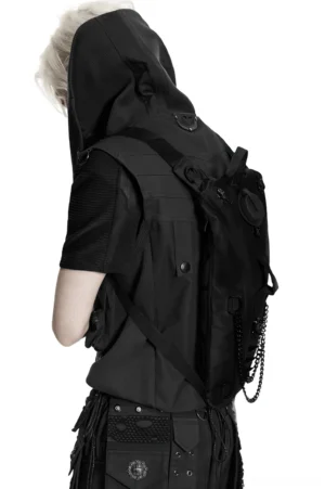 Gothic tactical backpack paired with hooded dark outfit - rear side angle showcasing chain trim and tactical silhouette