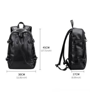Black leather gothic backpack front view showing dimensions and organizational pockets