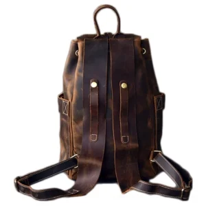 Vintage leather gothic travel backpack showing padded shoulder straps and arcuate carrying system - back view