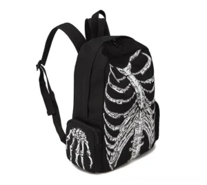 Gothic skeleton backpack three-quarter angle showing padded shoulder straps and ribcage print