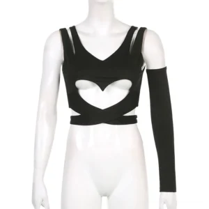 Black bandage style gothic tank top with heart chest cutout, dual shoulder straps and single asymmetrical sleeve - mannequin front view
