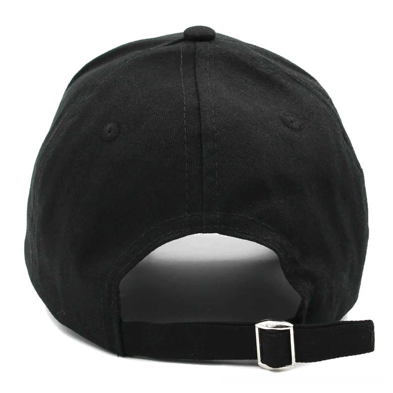 Black gothic baseball cap rear view showing adjustable buckle strap closure