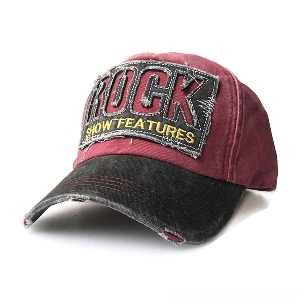 Black and wine red gothic baseball cap with intentional distressing, frayed brim design, embroidered rock patch, alternative fashion unisex cap
