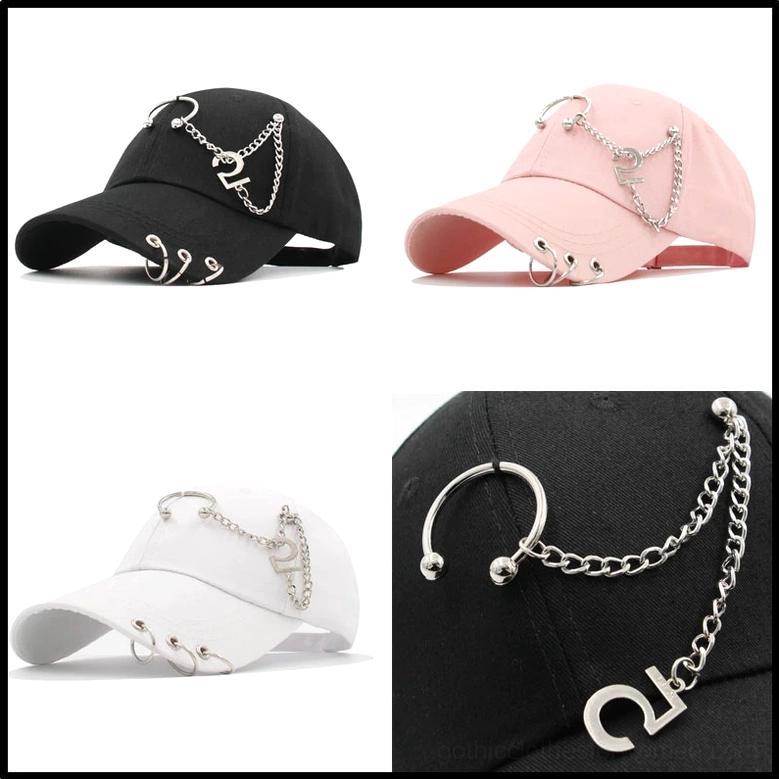 Gothic punk baseball cap with metal chain decoration and ring piercing multiple angles