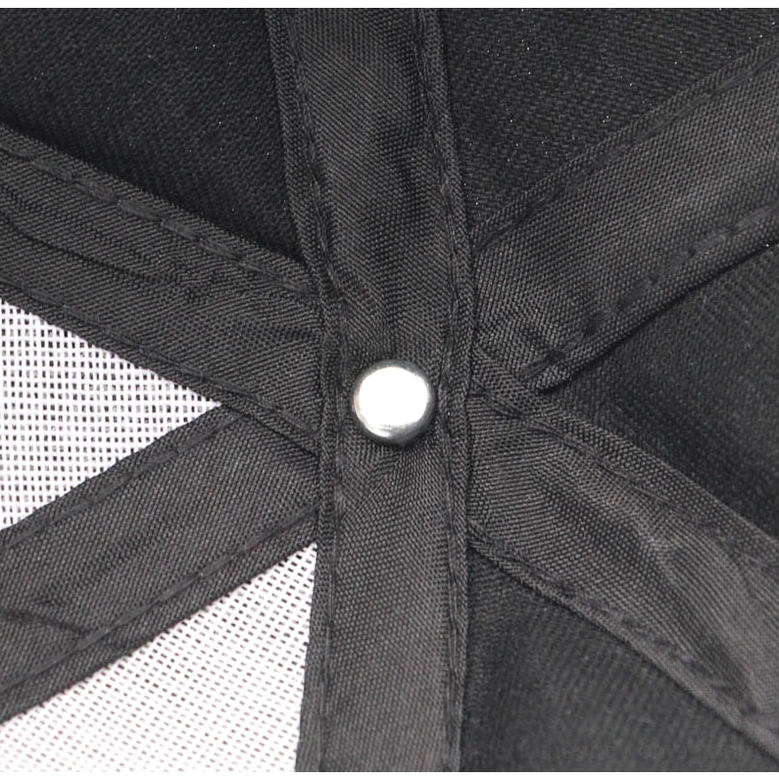 Gothic baseball cap top crown structure close-up showing stitched cotton panels and metal snap