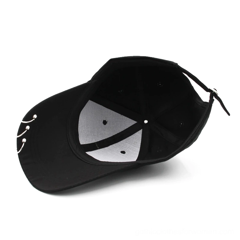 Black gothic baseball cap interior mesh lining and adjustable back buckle system