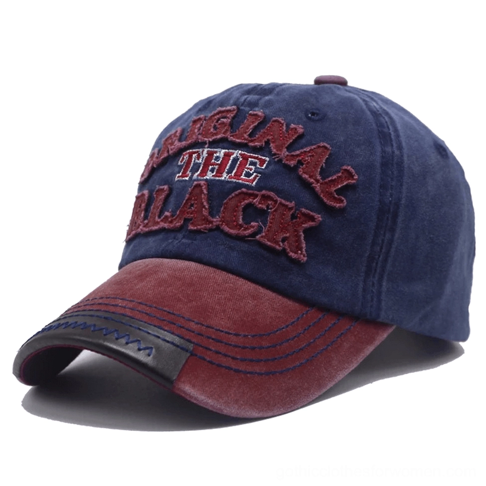Navy blue and burgundy goth snapback with embroidered original the black logo detail