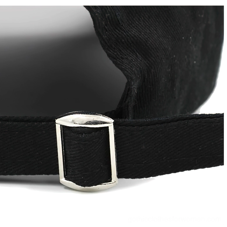 Adjustable gothic punk baseball cap with ring piercing styling detail shot