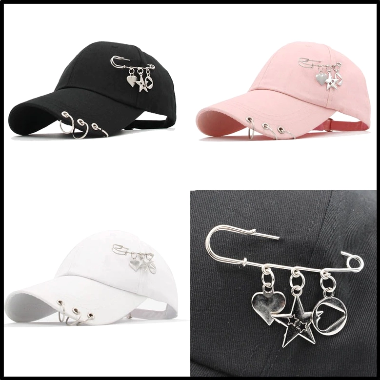 Three color gothic baseball cap set black pink white with metal piercings multiple views